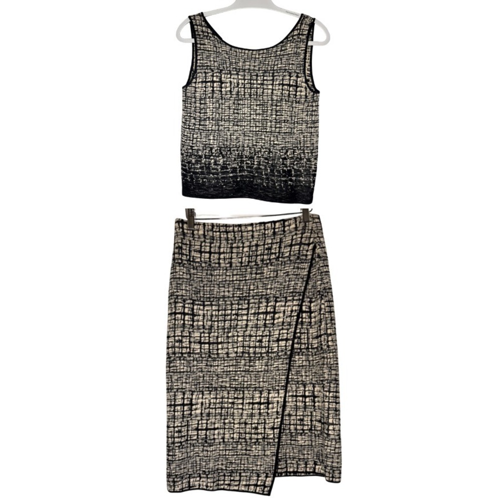 MM LaFleur Knit 2 Piece Set S Tank M Faux Wrap Midi Skirt Medium Black Beige EUC